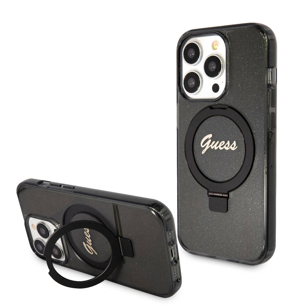 Apple iPhone 15 Pro Kılıf Guess Orjinal Lisanslı Magsafe Şarj Özellikli Simli Arka Yüzey Ring Standlı Kapak Mor