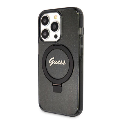 iPhone 15 Pro Kılıf Guess Orjinal Lisanslı M-safe Şarj Özellikli Simli Arka Yüzey Ring Standlı Kılıf