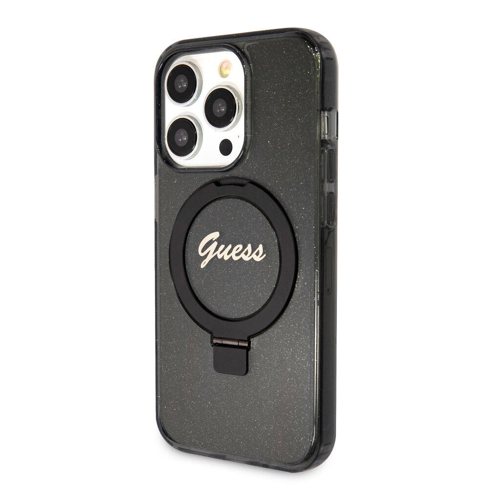 Apple iPhone 15 Pro Kılıf Guess Orjinal Lisanslı Magsafe Şarj Özellikli Simli Arka Yüzey Ring Standlı Kapak Renksiz