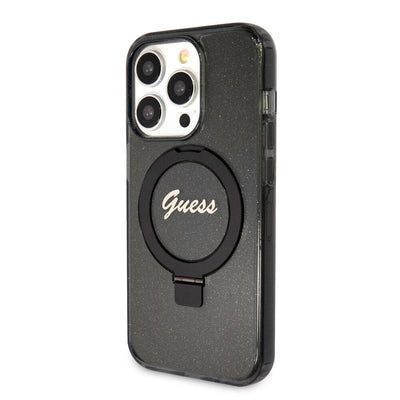 Apple iPhone 15 Pro Kılıf Guess Orjinal Lisanslı Magsafe Şarj Özellikli Simli Arka Yüzey Ring Standlı Kapak Renksiz