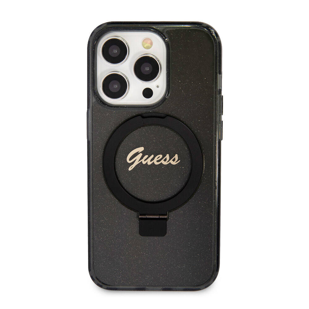 Apple iPhone 15 Pro Kılıf Guess Orjinal Lisanslı Magsafe Şarj Özellikli Simli Arka Yüzey Ring Standlı Kapak Renksiz