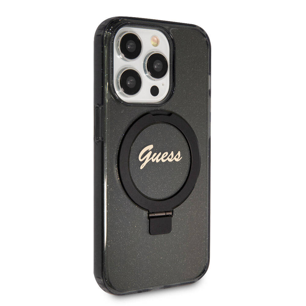 Apple iPhone 15 Pro Kılıf Guess Orjinal Lisanslı Magsafe Şarj Özellikli Simli Arka Yüzey Ring Standlı Kapak Pembe