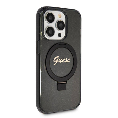 Apple iPhone 15 Pro Kılıf Guess Orjinal Lisanslı Magsafe Şarj Özellikli Simli Arka Yüzey Ring Standlı Kapak Pembe