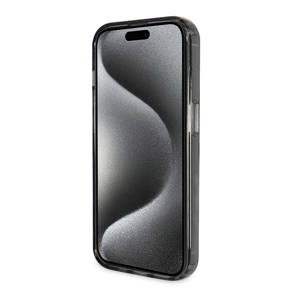 Apple iPhone 15 Pro Kılıf Guess Orjinal Lisanslı Magsafe Şarj Özellikli Simli Arka Yüzey Ring Standlı Kapak Renksiz