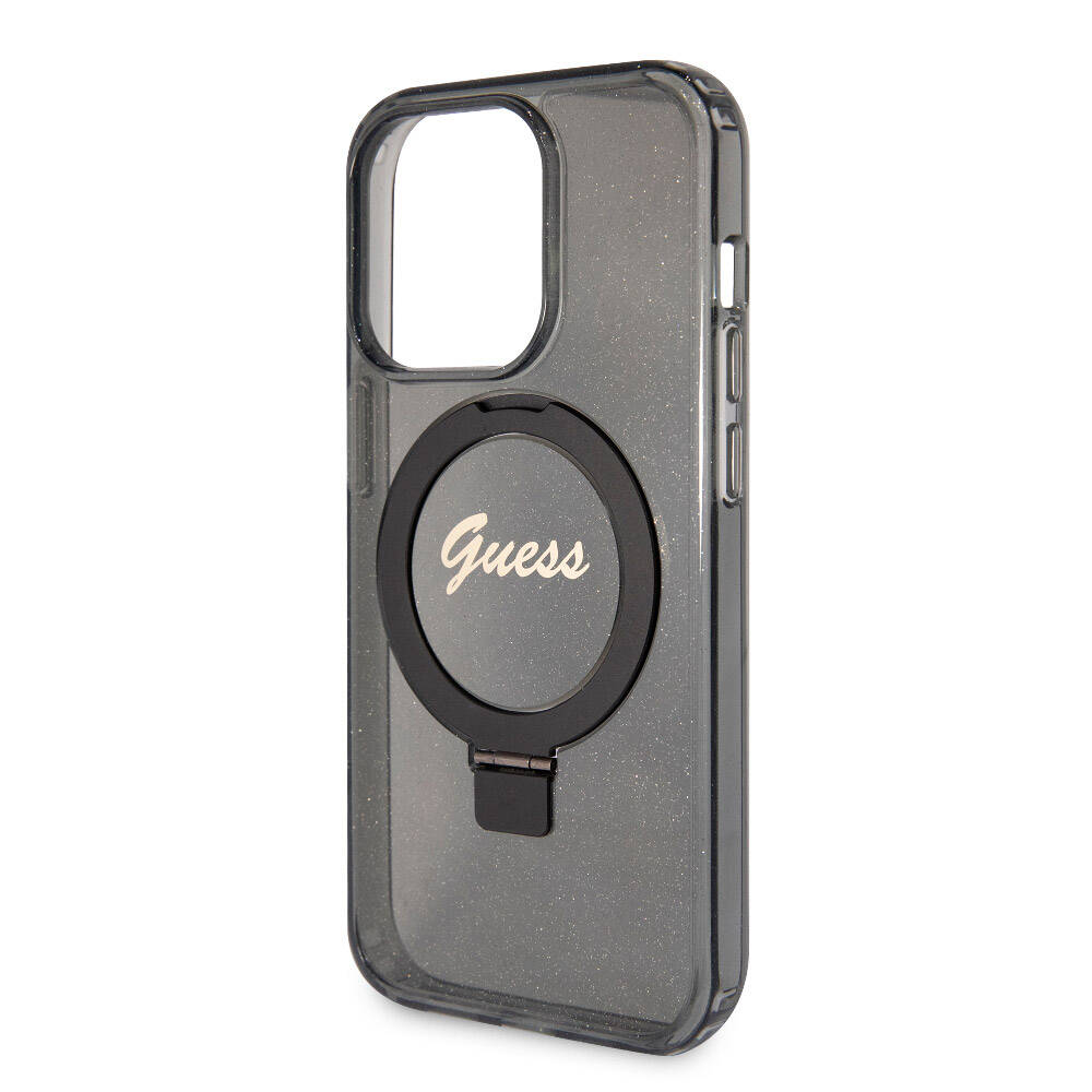 Apple iPhone 15 Pro Kılıf Guess Orjinal Lisanslı Magsafe Şarj Özellikli Simli Arka Yüzey Ring Standlı Kapak Mor