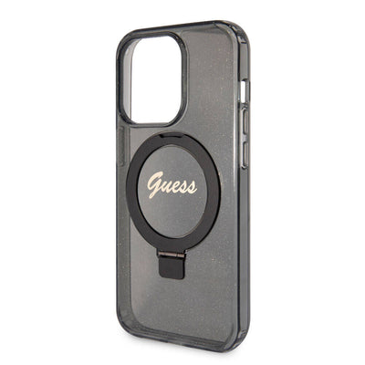 Apple iPhone 15 Pro Kılıf Guess Orjinal Lisanslı Magsafe Şarj Özellikli Simli Arka Yüzey Ring Standlı Kapak Pembe