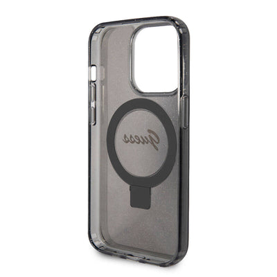 Apple iPhone 15 Pro Kılıf Guess Orjinal Lisanslı Magsafe Şarj Özellikli Simli Arka Yüzey Ring Standlı Kapak Renksiz