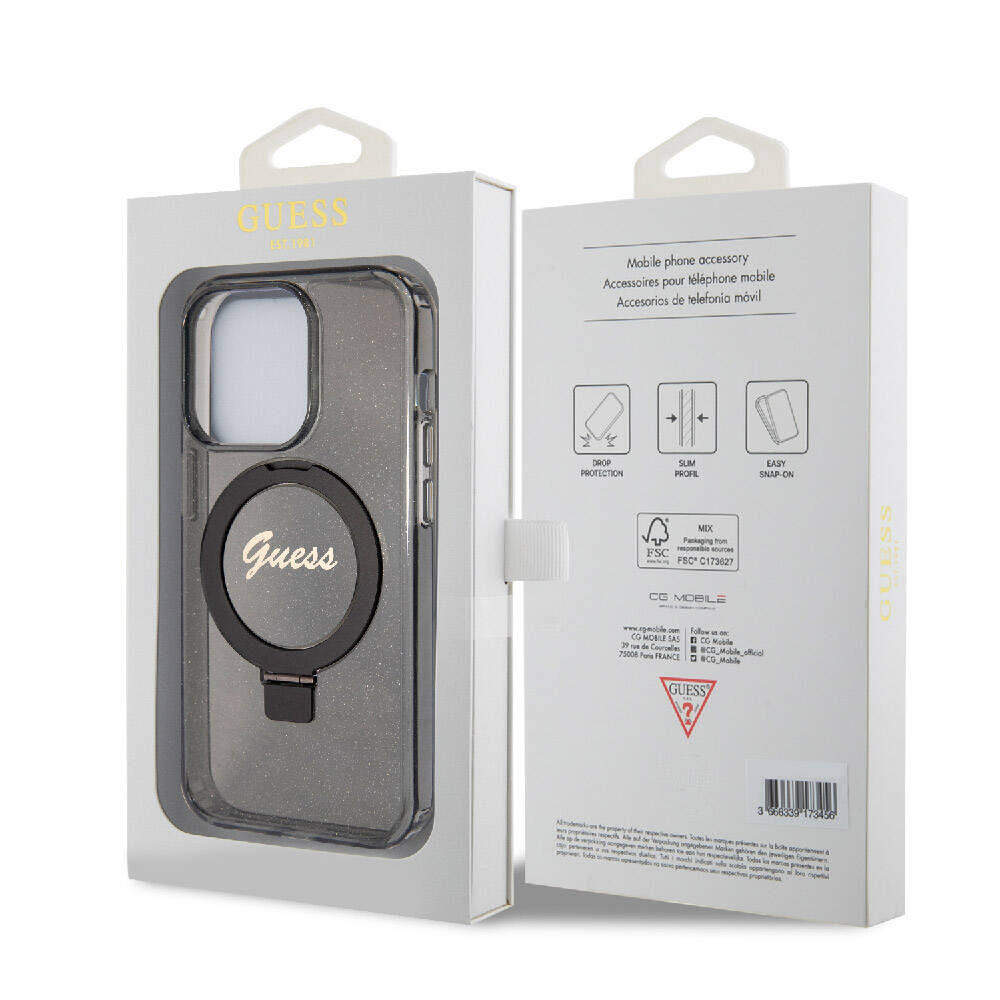 Apple iPhone 15 Pro Kılıf Guess Orjinal Lisanslı Magsafe Şarj Özellikli Simli Arka Yüzey Ring Standlı Kapak Renksiz