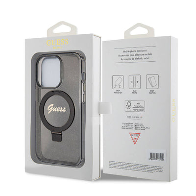 Apple iPhone 15 Pro Kılıf Guess Orjinal Lisanslı Magsafe Şarj Özellikli Simli Arka Yüzey Ring Standlı Kapak Renksiz