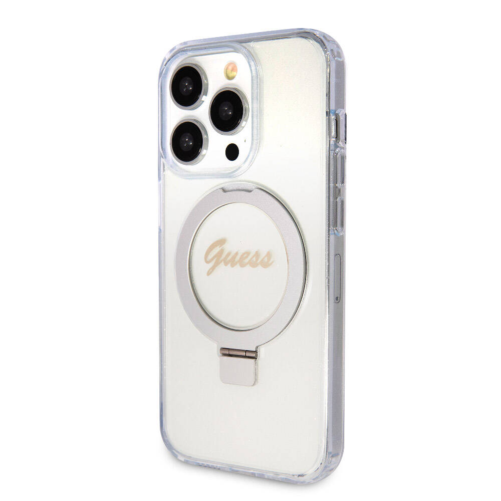 Apple iPhone 15 Pro Kılıf Guess Orjinal Lisanslı Magsafe Şarj Özellikli Simli Arka Yüzey Ring Standlı Kapak Mor