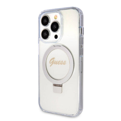 Apple iPhone 15 Pro Kılıf Guess Orjinal Lisanslı Magsafe Şarj Özellikli Simli Arka Yüzey Ring Standlı Kapak Mor