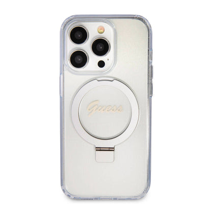 iPhone 15 Pro Kılıf Guess Orjinal Lisanslı M-safe Şarj Özellikli Simli Arka Yüzey Ring Standlı Kılıf