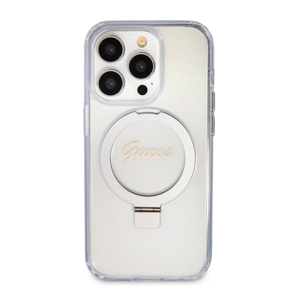 Apple iPhone 15 Pro Kılıf Guess Orjinal Lisanslı Magsafe Şarj Özellikli Simli Arka Yüzey Ring Standlı Kapak Pembe