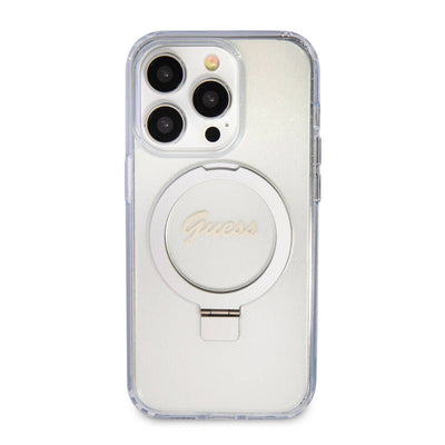 Apple iPhone 15 Pro Kılıf Guess Orjinal Lisanslı Magsafe Şarj Özellikli Simli Arka Yüzey Ring Standlı Kapak Mor