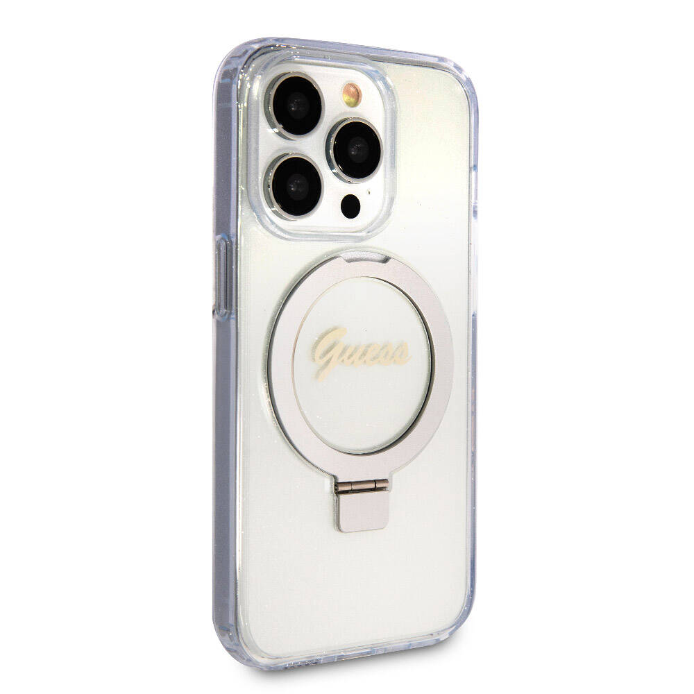 Apple iPhone 15 Pro Kılıf Guess Orjinal Lisanslı Magsafe Şarj Özellikli Simli Arka Yüzey Ring Standlı Kapak Mor