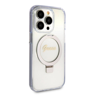 Apple iPhone 15 Pro Kılıf Guess Orjinal Lisanslı Magsafe Şarj Özellikli Simli Arka Yüzey Ring Standlı Kapak Mor