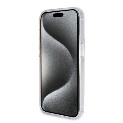Apple iPhone 15 Pro Kılıf Guess Orjinal Lisanslı Magsafe Şarj Özellikli Simli Arka Yüzey Ring Standlı Kapak Renksiz