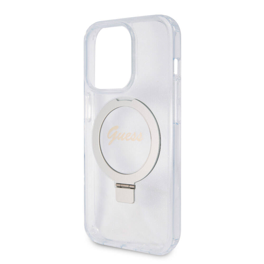 Apple iPhone 15 Pro Kılıf Guess Orjinal Lisanslı Magsafe Şarj Özellikli Simli Arka Yüzey Ring Standlı Kapak Mor
