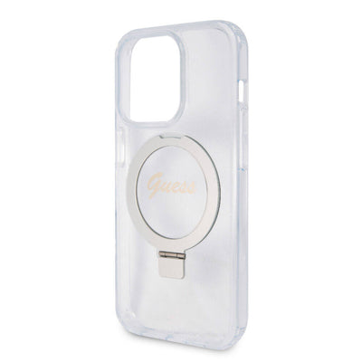 Apple iPhone 15 Pro Kılıf Guess Orjinal Lisanslı Magsafe Şarj Özellikli Simli Arka Yüzey Ring Standlı Kapak Pembe