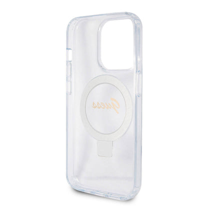 iPhone 15 Pro Kılıf Guess Orjinal Lisanslı M-safe Şarj Özellikli Simli Arka Yüzey Ring Standlı Kılıf