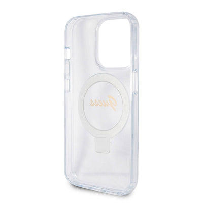 Apple iPhone 15 Pro Kılıf Guess Orjinal Lisanslı Magsafe Şarj Özellikli Simli Arka Yüzey Ring Standlı Kapak Renksiz