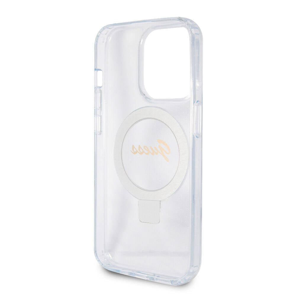 Apple iPhone 15 Pro Kılıf Guess Orjinal Lisanslı Magsafe Şarj Özellikli Simli Arka Yüzey Ring Standlı Kapak Pembe