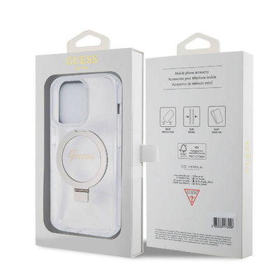 Apple iPhone 15 Pro Kılıf Guess Orjinal Lisanslı Magsafe Şarj Özellikli Simli Arka Yüzey Ring Standlı Kapak Mor