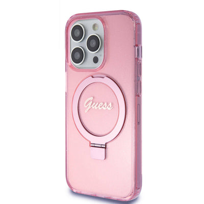 Apple iPhone 15 Pro Kılıf Guess Orjinal Lisanslı Magsafe Şarj Özellikli Simli Arka Yüzey Ring Standlı Kapak Pembe