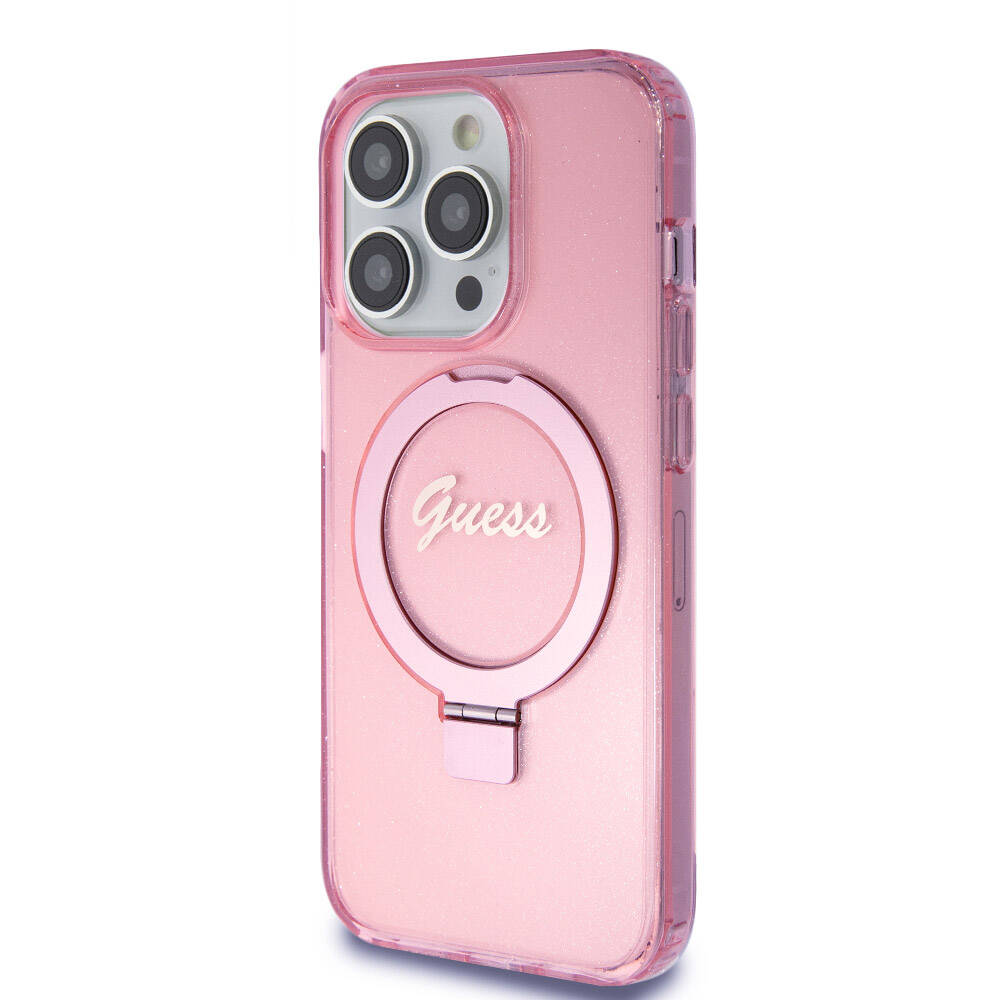 Apple iPhone 15 Pro Kılıf Guess Orjinal Lisanslı Magsafe Şarj Özellikli Simli Arka Yüzey Ring Standlı Kapak Mor