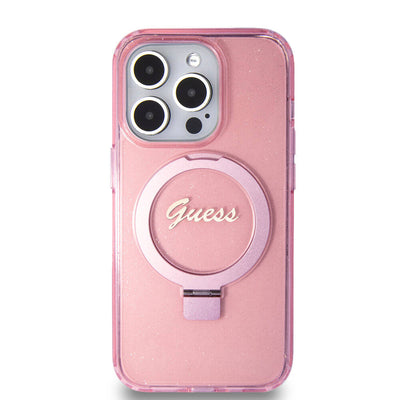 Apple iPhone 15 Pro Kılıf Guess Orjinal Lisanslı Magsafe Şarj Özellikli Simli Arka Yüzey Ring Standlı Kapak Renksiz
