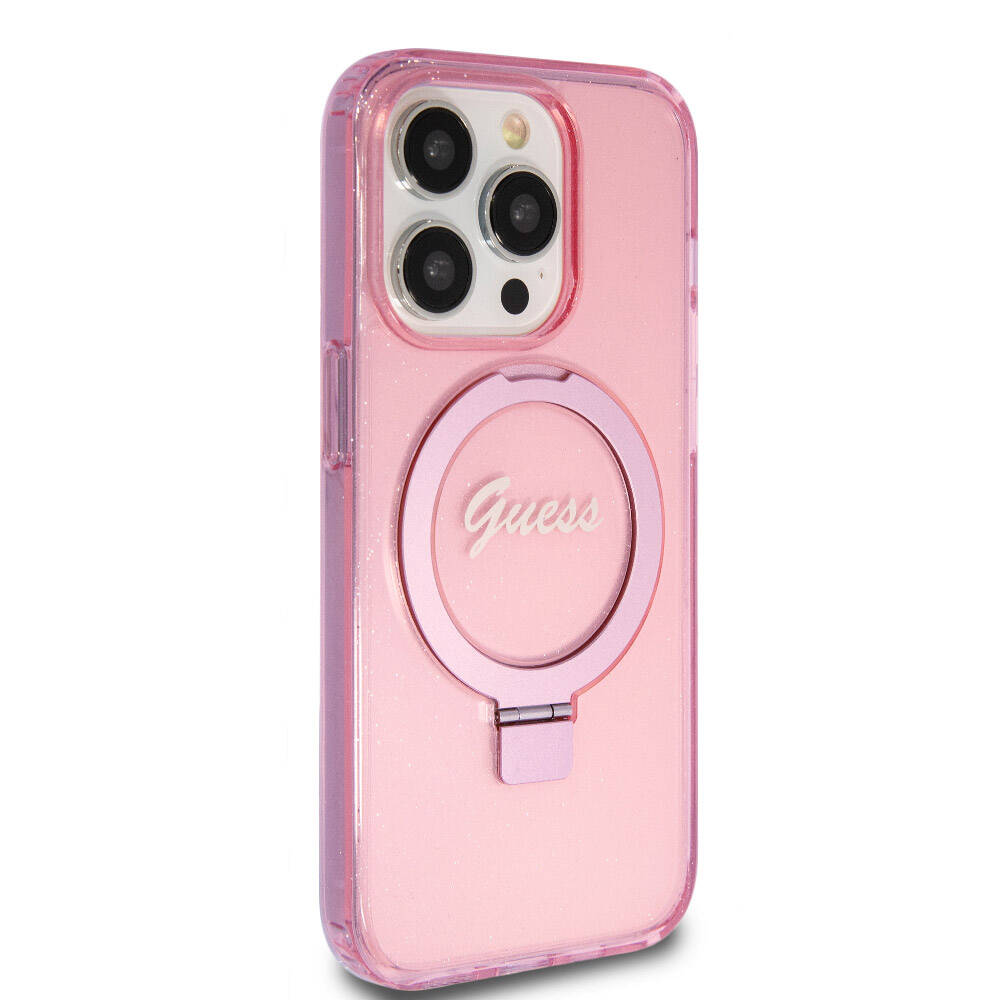 Apple iPhone 15 Pro Kılıf Guess Orjinal Lisanslı Magsafe Şarj Özellikli Simli Arka Yüzey Ring Standlı Kapak Pembe