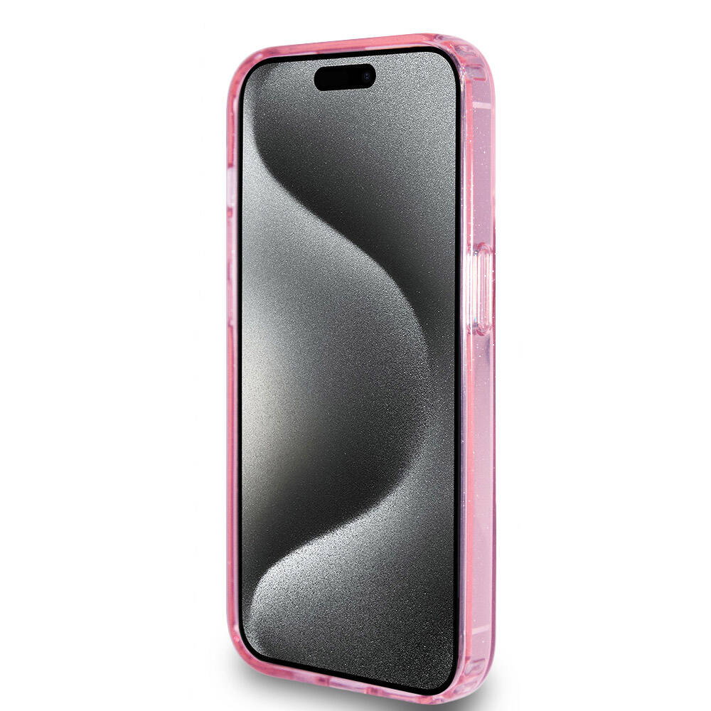 Apple iPhone 15 Pro Kılıf Guess Orjinal Lisanslı Magsafe Şarj Özellikli Simli Arka Yüzey Ring Standlı Kapak Renksiz