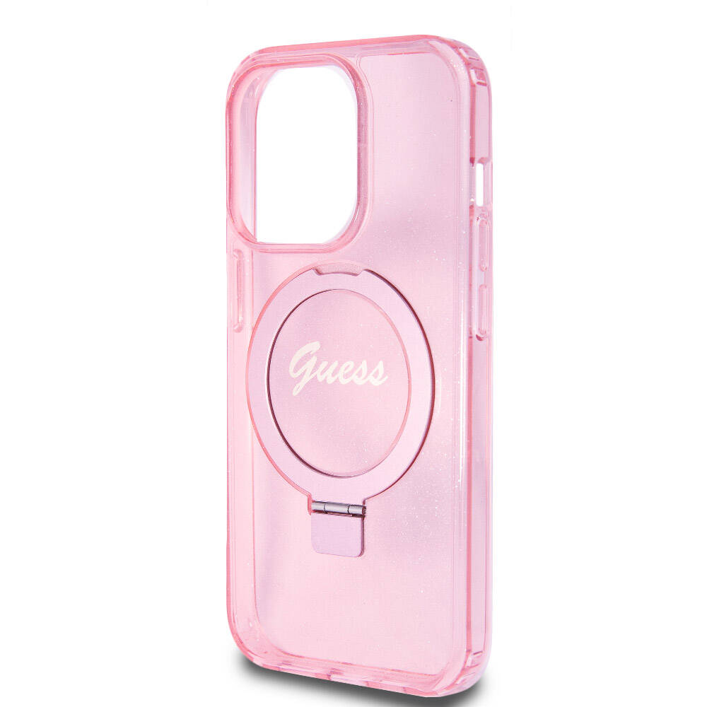iPhone 15 Pro Kılıf Guess Orjinal Lisanslı M-safe Şarj Özellikli Simli Arka Yüzey Ring Standlı Kılıf