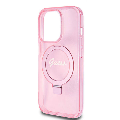 iPhone 15 Pro Kılıf Guess Orjinal Lisanslı M-safe Şarj Özellikli Simli Arka Yüzey Ring Standlı Kılıf