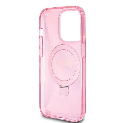 iPhone 15 Pro Kılıf Guess Orjinal Lisanslı M-safe Şarj Özellikli Simli Arka Yüzey Ring Standlı Kılıf