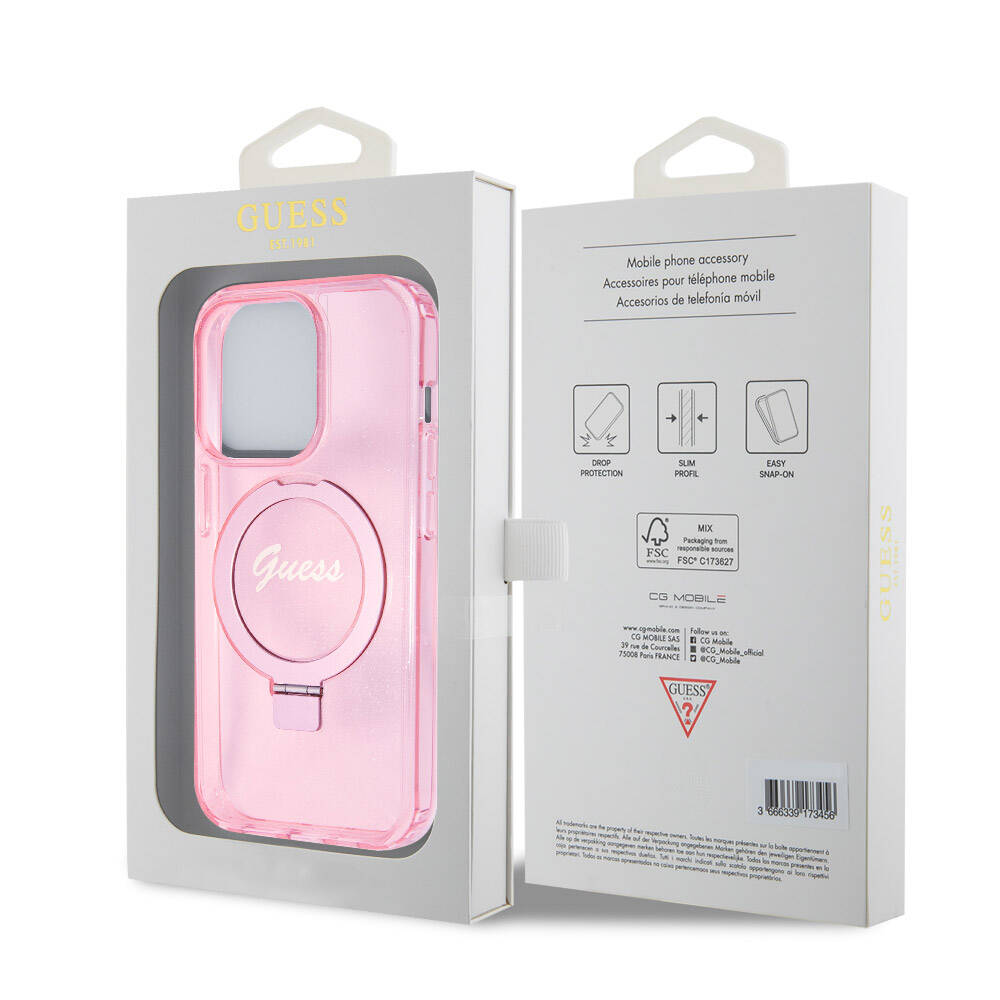 Apple iPhone 15 Pro Kılıf Guess Orjinal Lisanslı Magsafe Şarj Özellikli Simli Arka Yüzey Ring Standlı Kapak Pembe