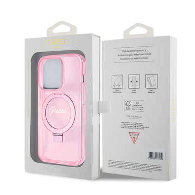 Apple iPhone 15 Pro Kılıf Guess Orjinal Lisanslı Magsafe Şarj Özellikli Simli Arka Yüzey Ring Standlı Kapak Siyah