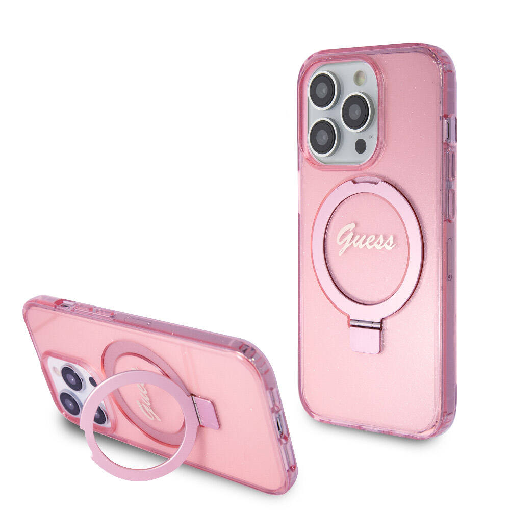 iPhone 15 Pro Kılıf Guess Orjinal Lisanslı M-safe Şarj Özellikli Simli Arka Yüzey Ring Standlı Kılıf