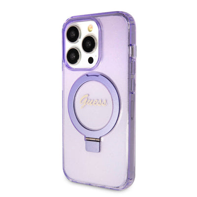 Apple iPhone 15 Pro Kılıf Guess Orjinal Lisanslı Magsafe Şarj Özellikli Simli Arka Yüzey Ring Standlı Kapak Pembe