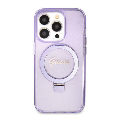 iPhone 15 Pro Kılıf Guess Orjinal Lisanslı M-safe Şarj Özellikli Simli Arka Yüzey Ring Standlı Kılıf