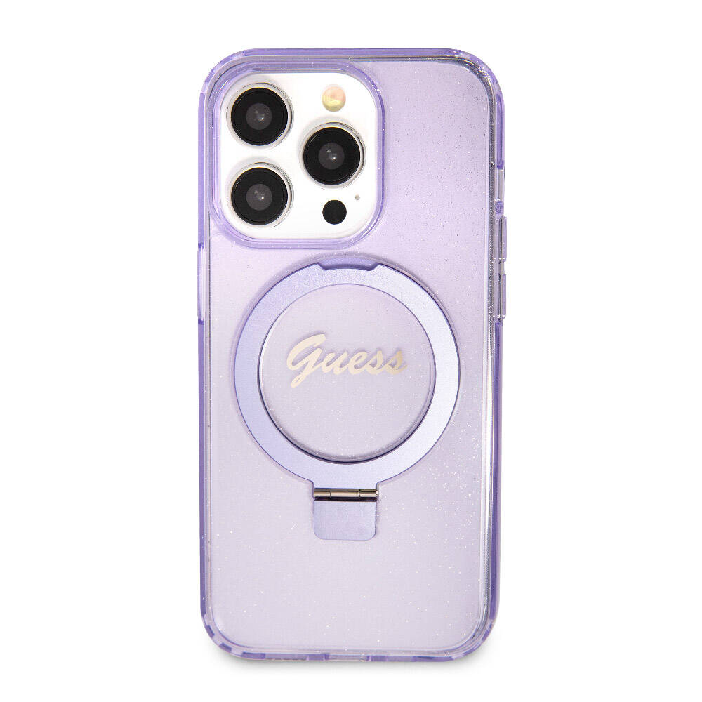 Apple iPhone 15 Pro Kılıf Guess Orjinal Lisanslı Magsafe Şarj Özellikli Simli Arka Yüzey Ring Standlı Kapak Pembe