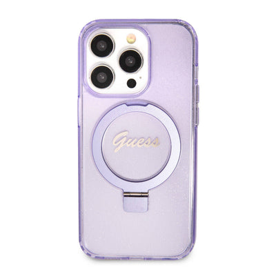 Apple iPhone 15 Pro Kılıf Guess Orjinal Lisanslı Magsafe Şarj Özellikli Simli Arka Yüzey Ring Standlı Kapak Pembe
