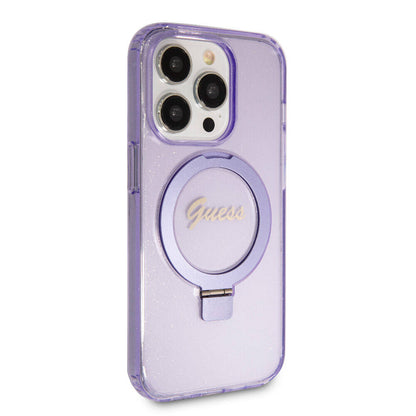iPhone 15 Pro Kılıf Guess Orjinal Lisanslı M-safe Şarj Özellikli Simli Arka Yüzey Ring Standlı Kılıf