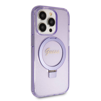 Apple iPhone 15 Pro Kılıf Guess Orjinal Lisanslı Magsafe Şarj Özellikli Simli Arka Yüzey Ring Standlı Kapak Renksiz