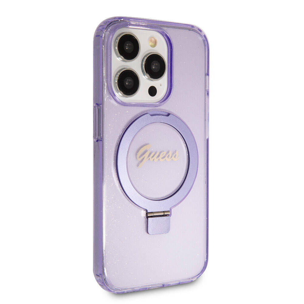 Apple iPhone 15 Pro Kılıf Guess Orjinal Lisanslı Magsafe Şarj Özellikli Simli Arka Yüzey Ring Standlı Kapak Mor