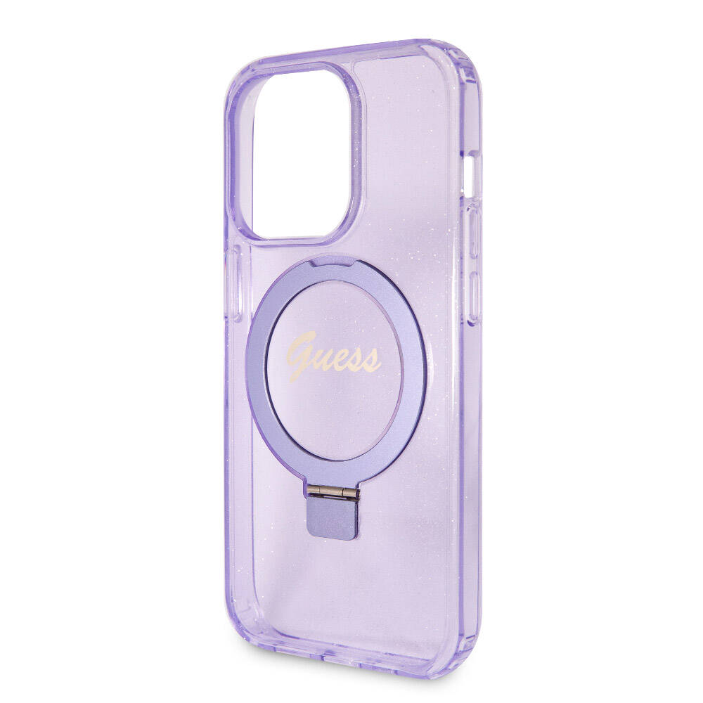 iPhone 15 Pro Kılıf Guess Orjinal Lisanslı M-safe Şarj Özellikli Simli Arka Yüzey Ring Standlı Kılıf