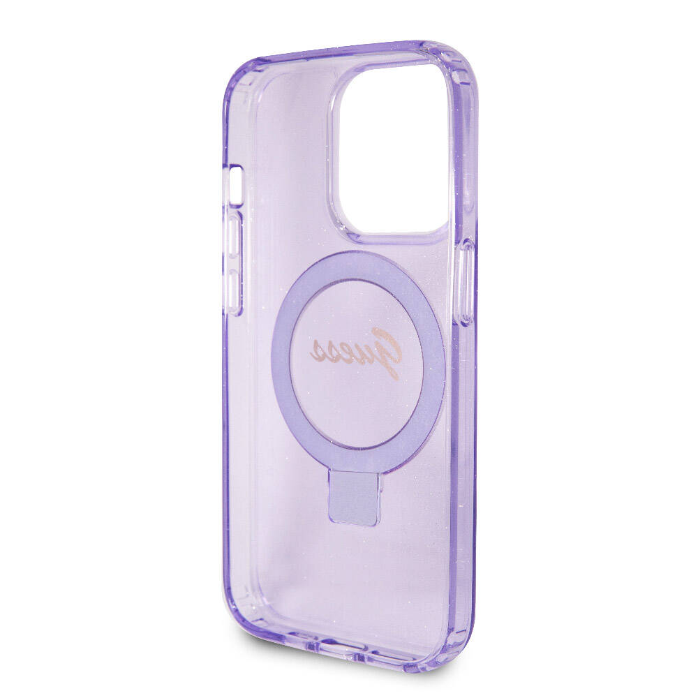iPhone 15 Pro Kılıf Guess Orjinal Lisanslı M-safe Şarj Özellikli Simli Arka Yüzey Ring Standlı Kılıf