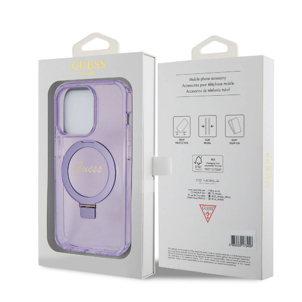 iPhone 15 Pro Kılıf Guess Orjinal Lisanslı M-safe Şarj Özellikli Simli Arka Yüzey Ring Standlı Kılıf