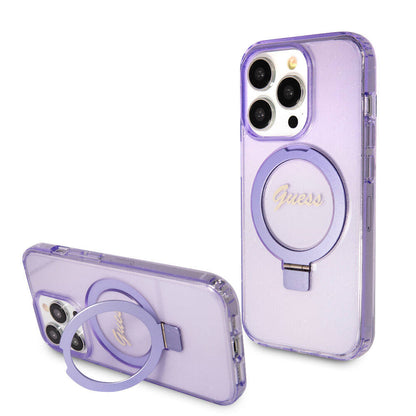 iPhone 15 Pro Kılıf Guess Orjinal Lisanslı M-safe Şarj Özellikli Simli Arka Yüzey Ring Standlı Kılıf