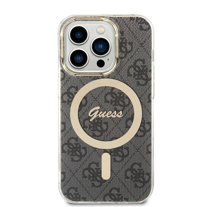 iPhone 15 Pro Kılıf Guess Orjinal Lisanslı M-safe Şarj Özellikli Yazı Logolu 4G Desenli Kılıf